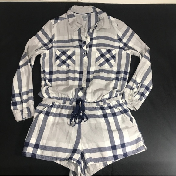 Aerie Grey and Blue Plaid Flannel Long Sleeve Sleep Romper Coverup Large - Picture 4 of 6